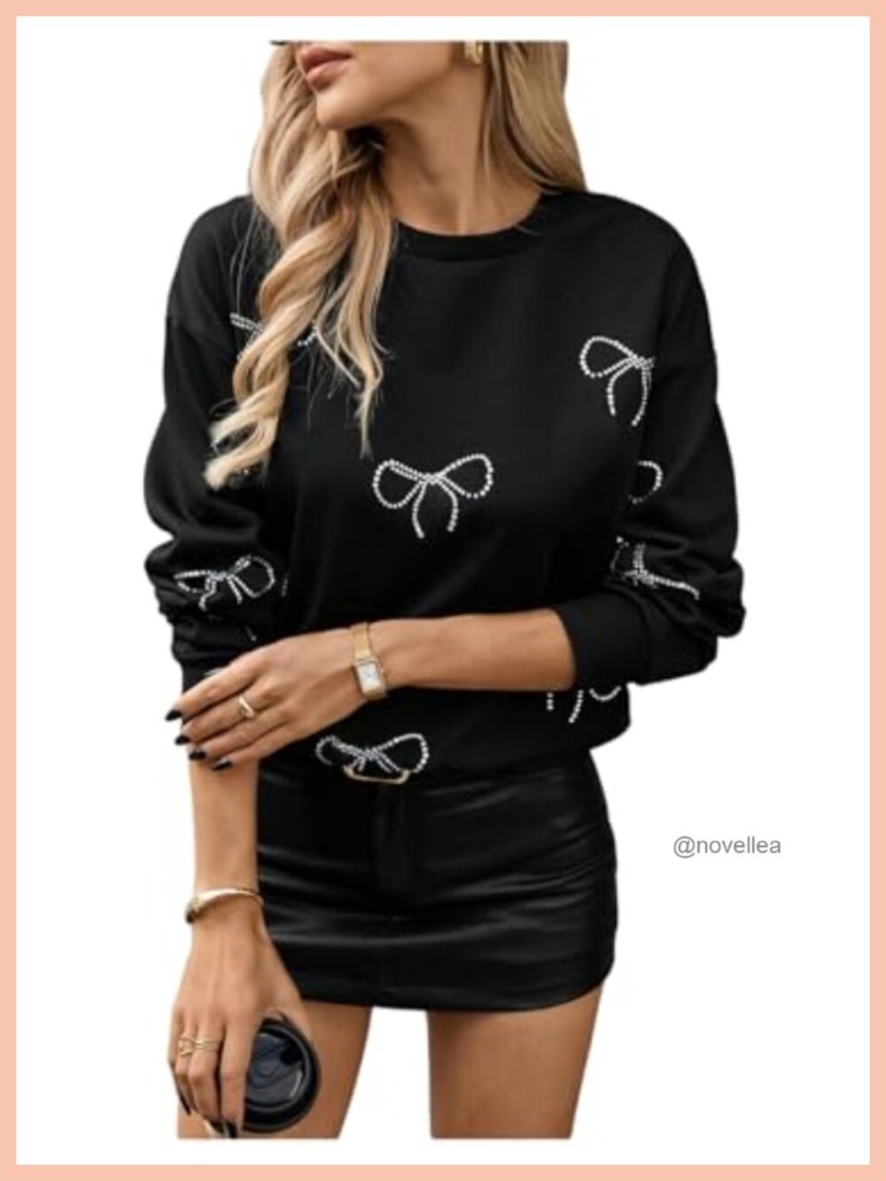 Rhinestone Bow Sweatshirt Long Sleeve Crewneck Oversized Pullover